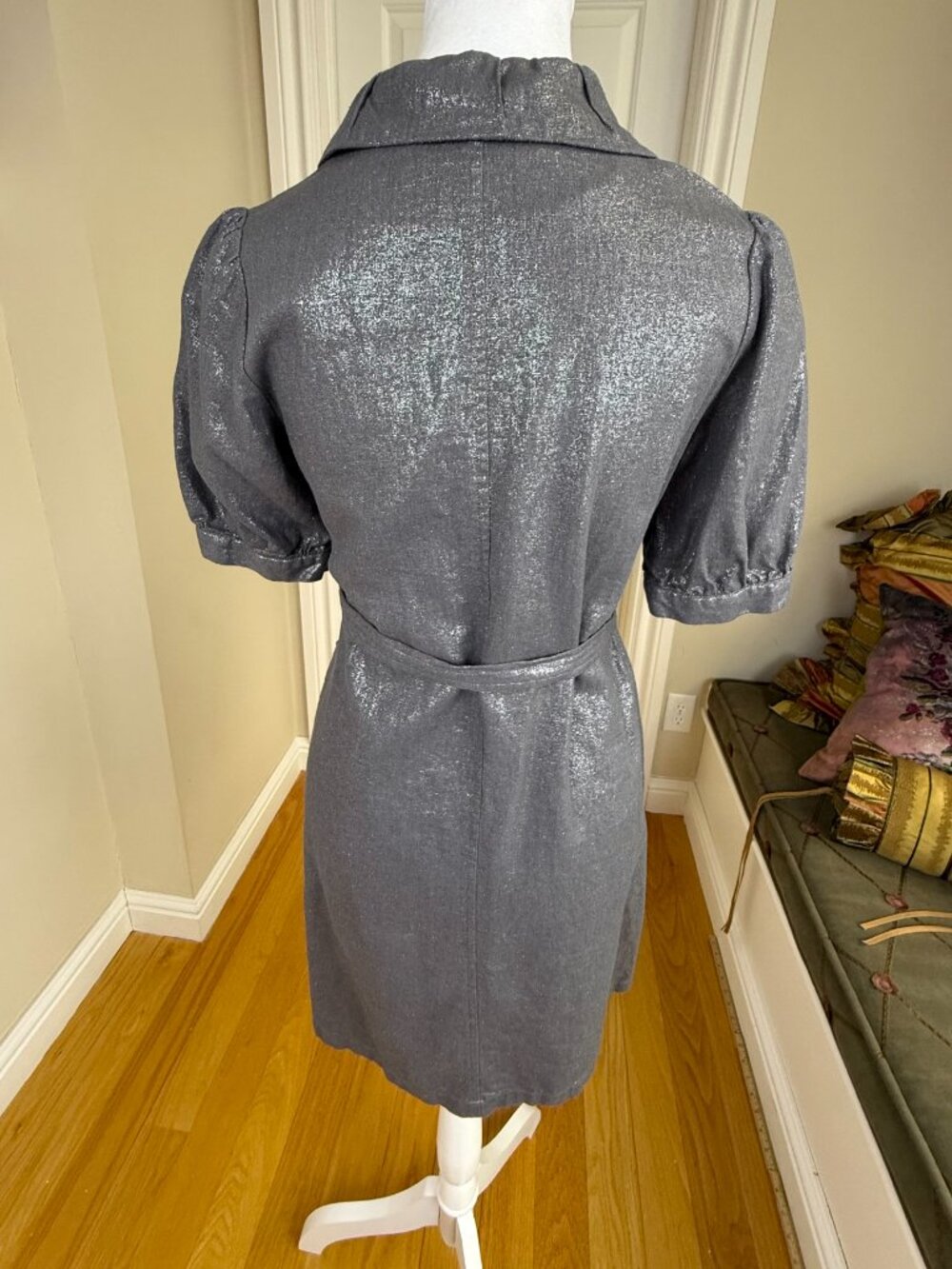 Vertigo Paris Linen Shirt Dress Silver Metallic Short Sleeve (S) - Picture 4 of 7